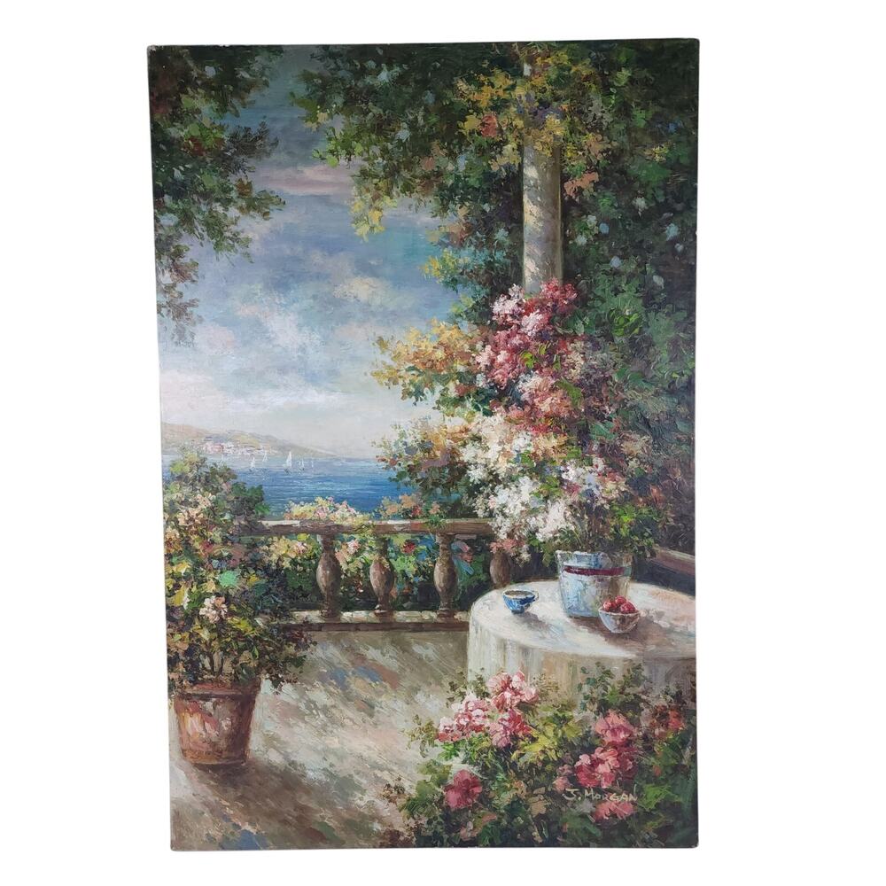 Vintage J. Morgan "Patio View" Original Oil Painting 24x36 Impasto Balcony Art